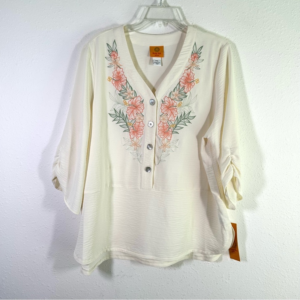 Ruby Rd. Embroidered Tunic Top Women's Petite Size XLP Cream Tropical Floral
